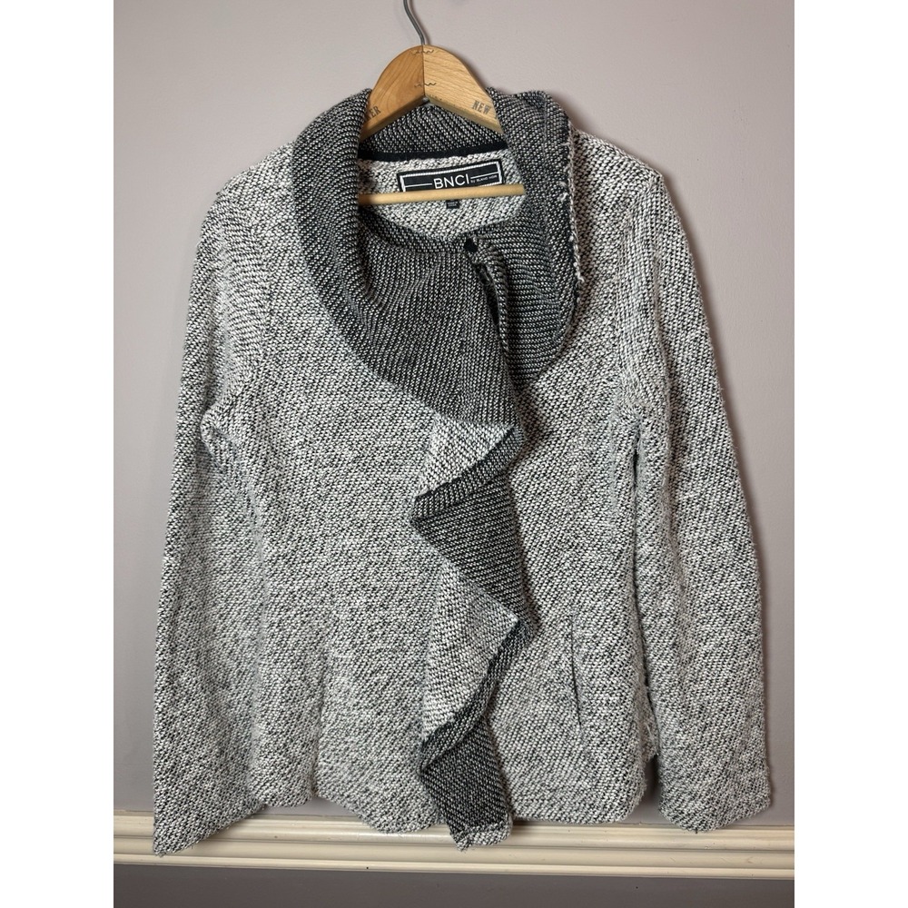 BNCI by Blanc Noir Slub Knit Jacket Scarf Collar Raw Hem light gray‎ Black  Med